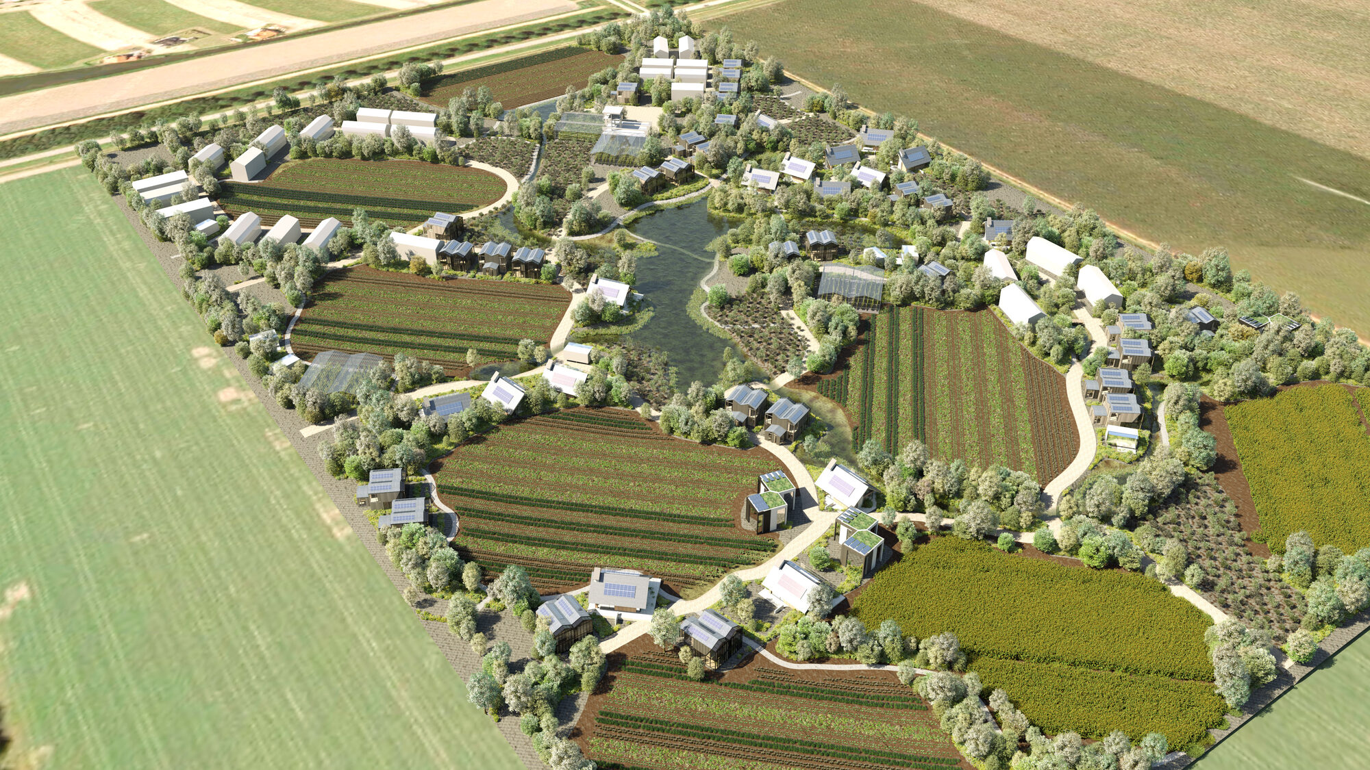 Aerial render of a regenerative resort masterplan in farmland